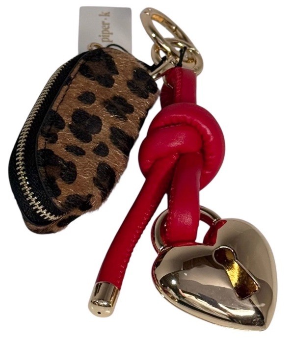 Piper K Leopard Print Mini Coin Purse Handbag Charm Gold Key Ring Heart Red Rope
