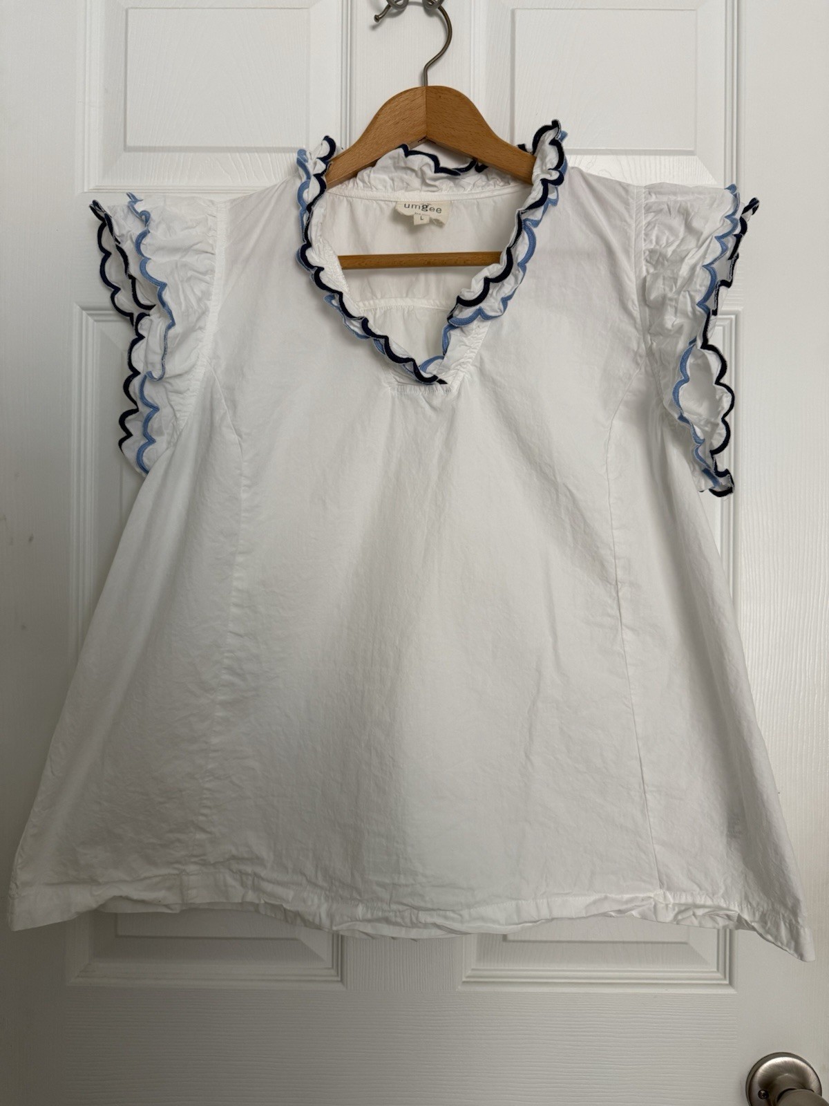 Umgee White Ruffle V-Neck Cotton Blouse L Cottagecore Romantic Farmhouse Boho