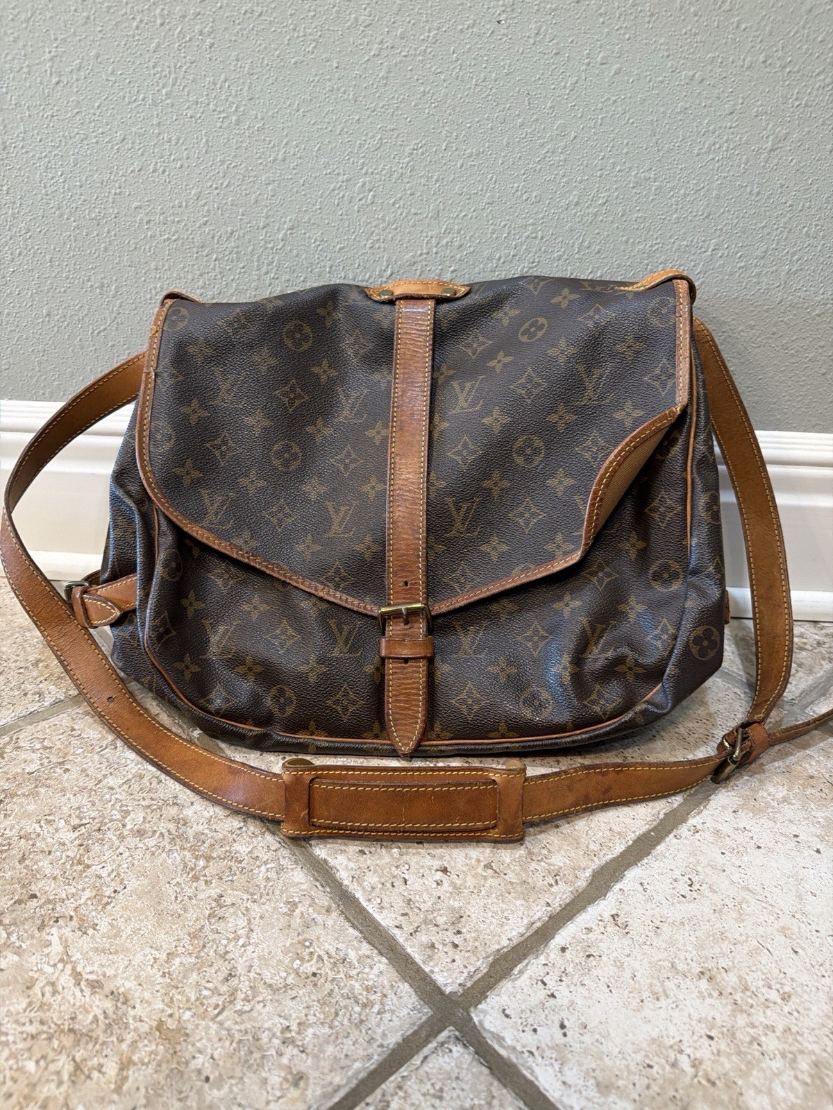 Louis Vuitton Brown Monogram Saumor Shoulder Bag, Buckle Closure, Gold Hardware