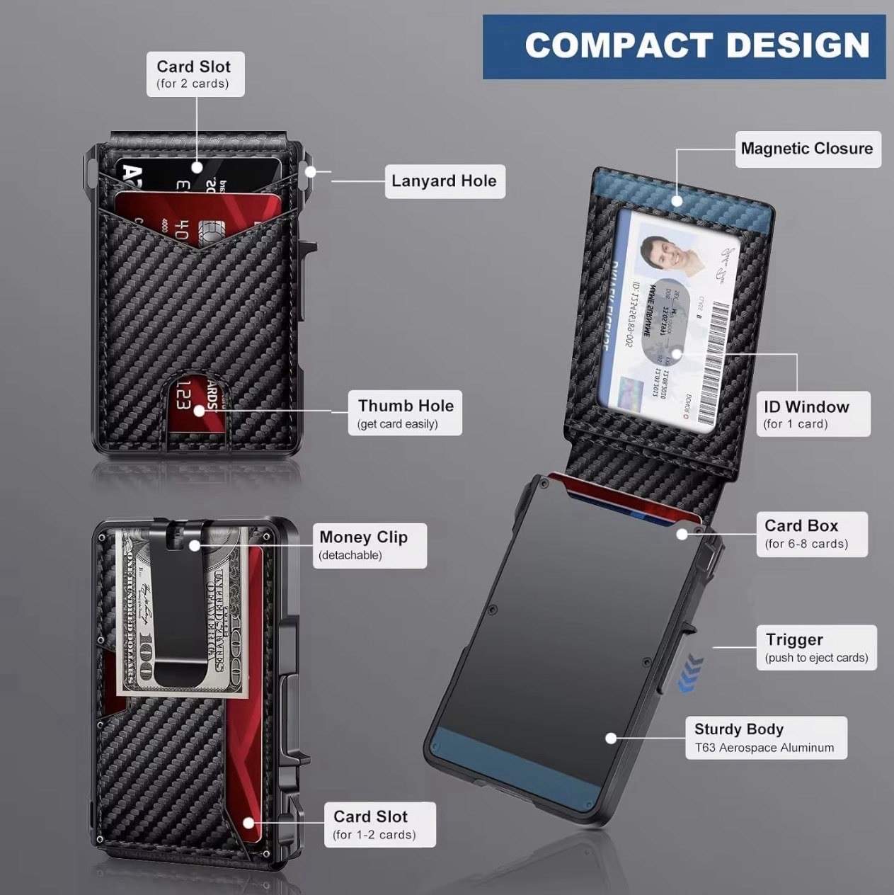Smart Pop Up Wallet for Men RFIDBlocking Slim Metal Card Holder withiD Window