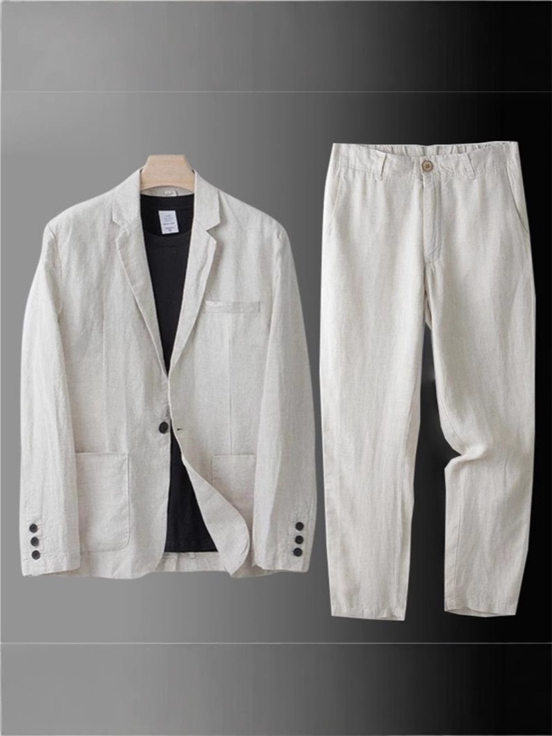 2 Pc Men Two Button Suit Summer Linen Causal Blazer Pants Coat Beach Jacket