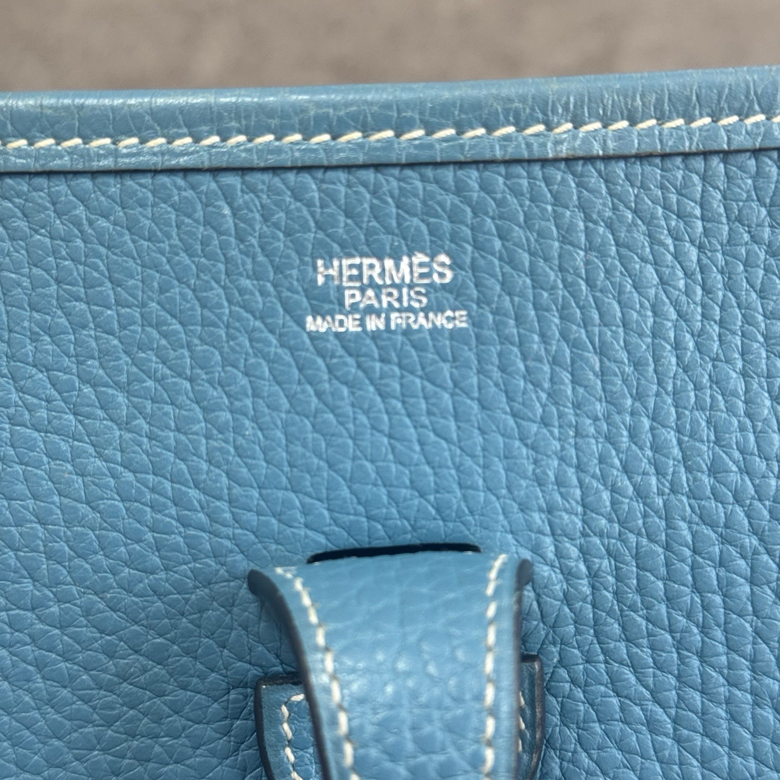 HERMES Evelyne PM Taurillon Clemence Blue Jean Crossbody Bag