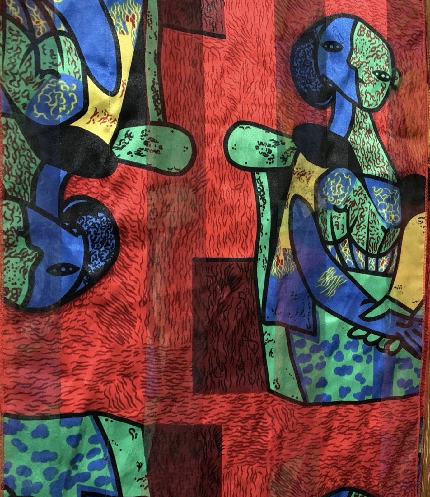13.5″x60″ Picasso STYLE RED MULTICOLOR POLYESTER HANDROLLED SCARF SHAWL WRAP