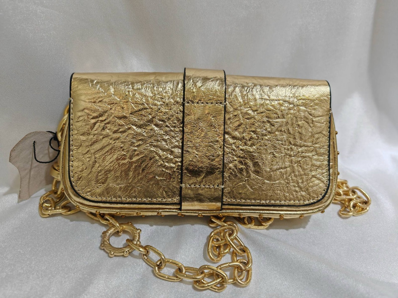 🎁🎁Zadig&Voltaire 20cm Women Gold Wrinkle Cow Leather Shoulder Bag Phone Pouch
