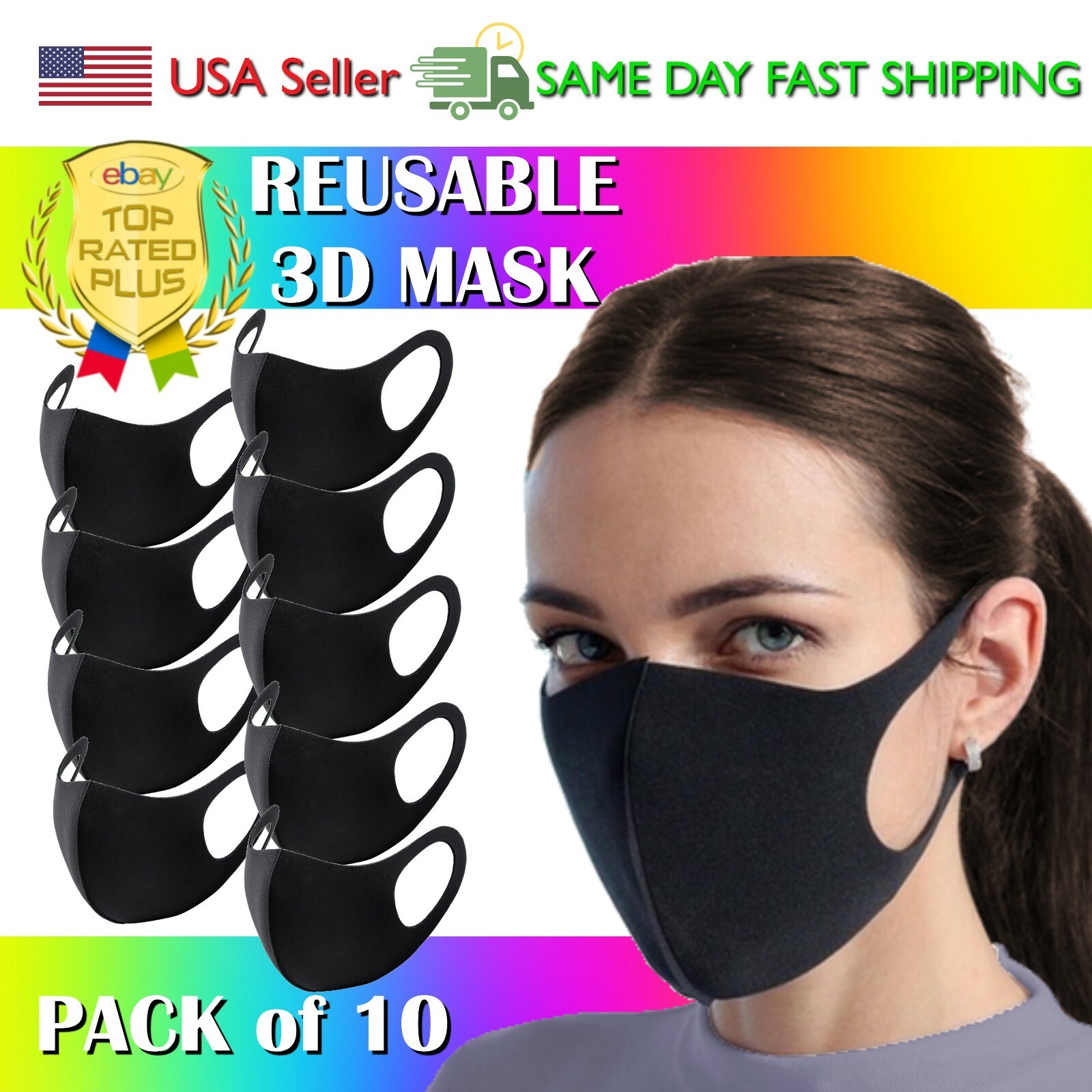 (10 Pack) 3D Black Fashion Face Mask Washable and Reusable