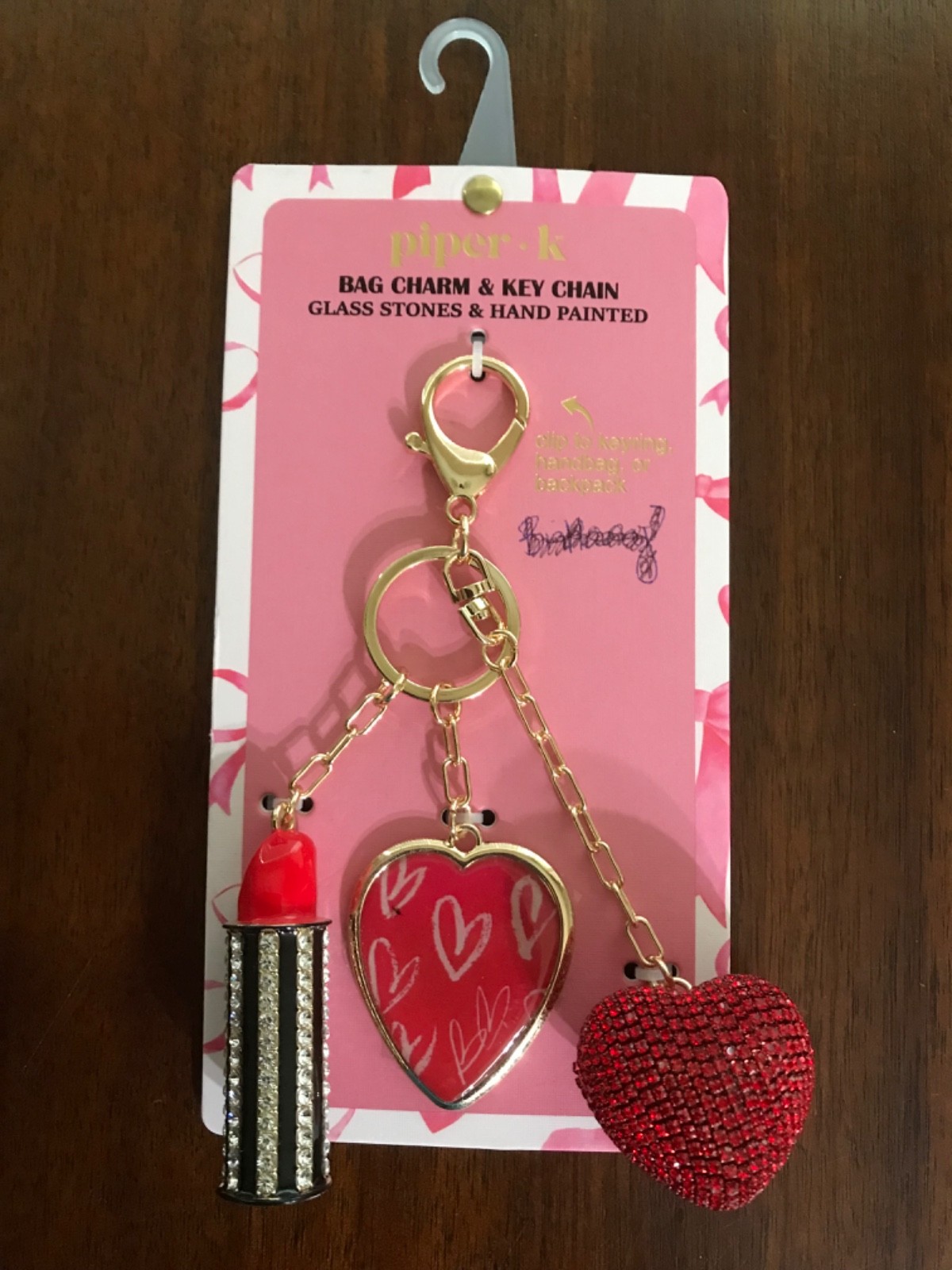 NEW Piper K~bag charm~ glass stones~Lipstick, Heart & Heart Charm & Keychain
