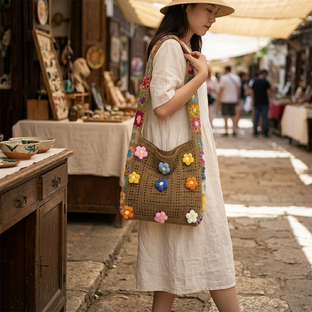 Flower Applique Crochet Bag Women Colorful Knit Crossbody Shoulder Purse US