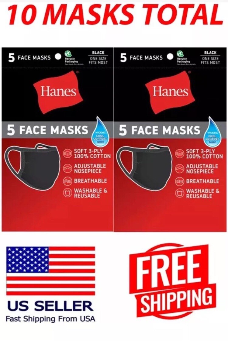 Hanes 100% Cotton Fabric Reusable Face Mask Washable Comfortable 10 Masks BLACK