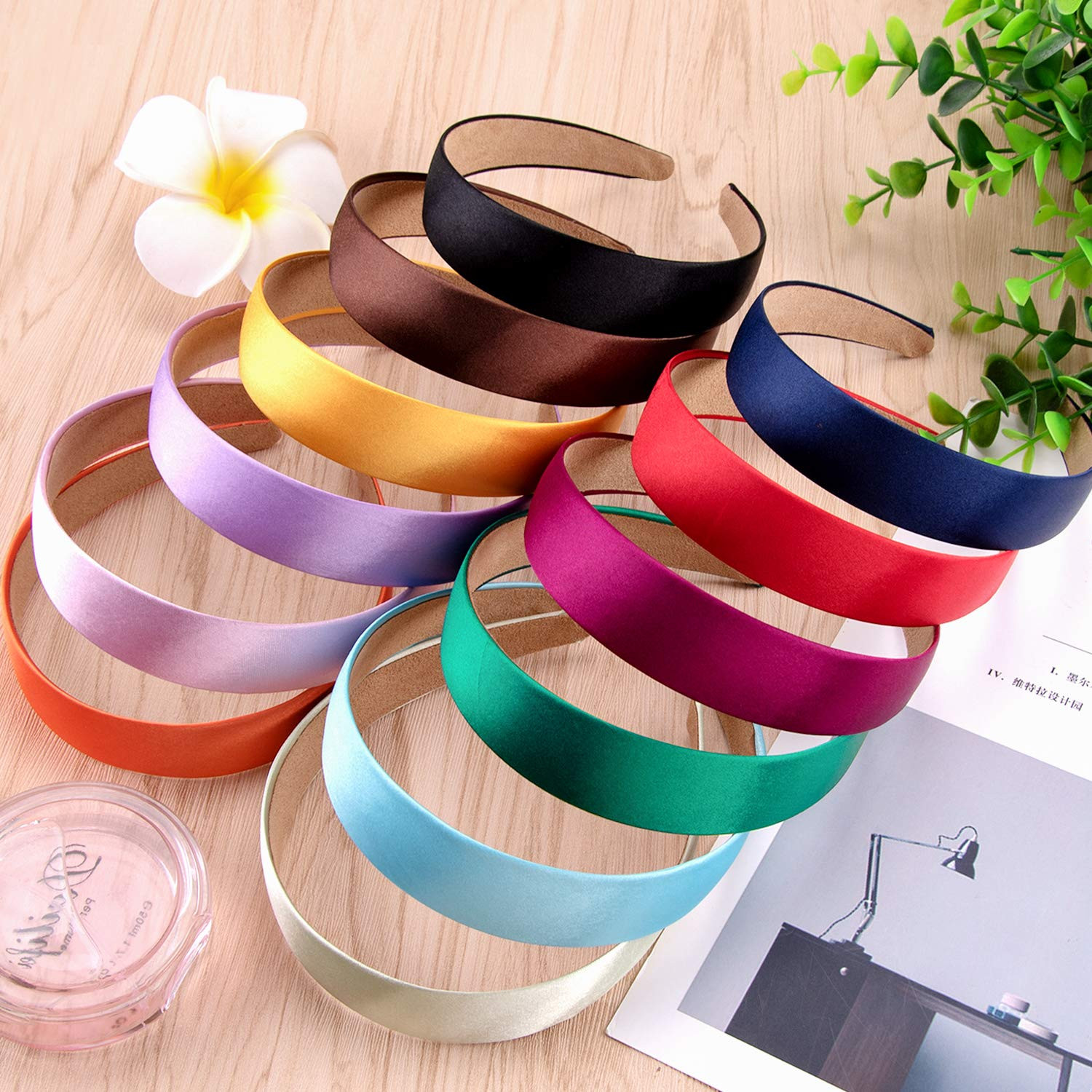 SIQUK 12 Pieces Satin Headbands 1 Inch Wide Non-Slip Headband Colorful Headbands