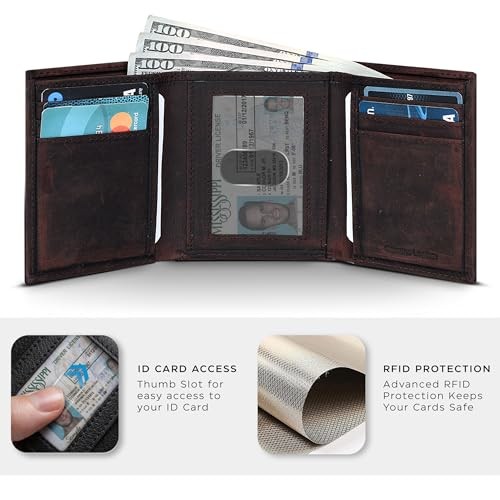 Tri fold Leather Wallet for Men with RFID | Slim Wallets for Men Hunter Brown