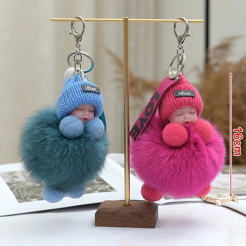 Cute Fluffy Pom Pom Plush Keychain Sleeping Baby Doll Bag Charm Gift for Women