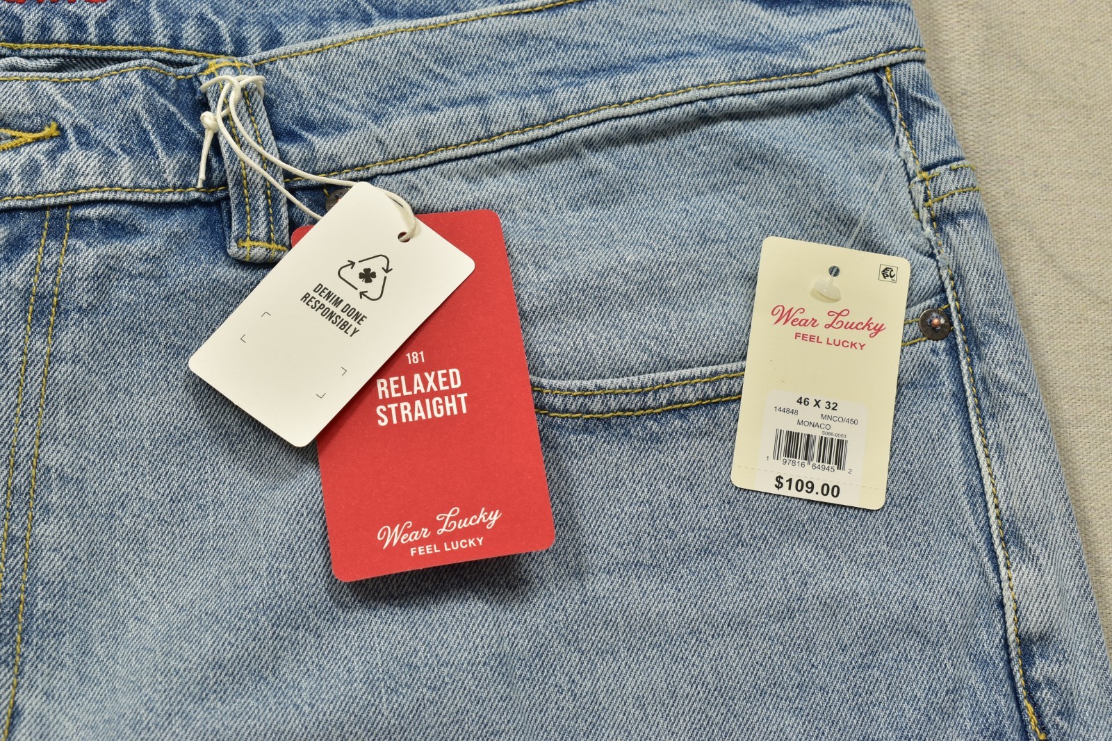 Lucky Brand Men’s 181 Relaxed Straight Denim Jeans Monaco Blue Stretch 46×32 NEW