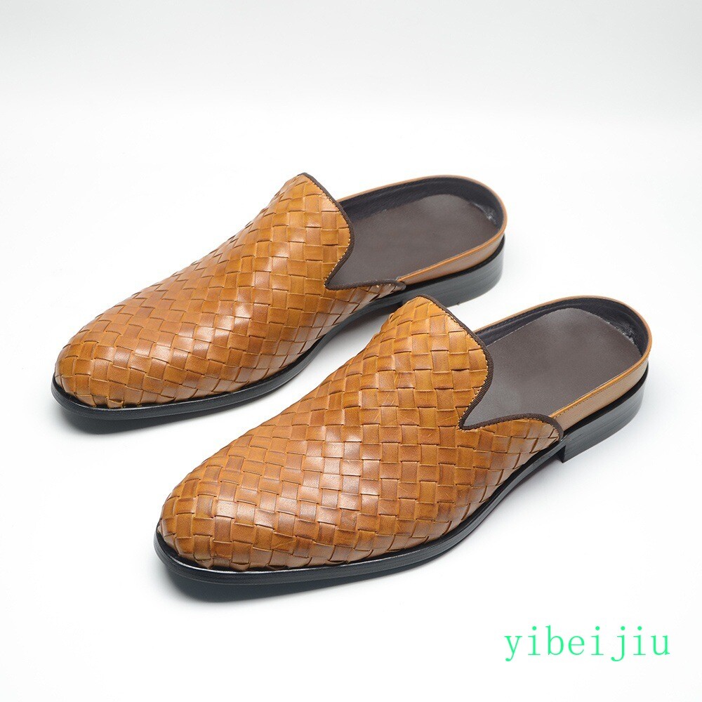 2026 Mens Real Leather Weave Woven Slipper Dress Slide Shoes Slip On Sandals Man