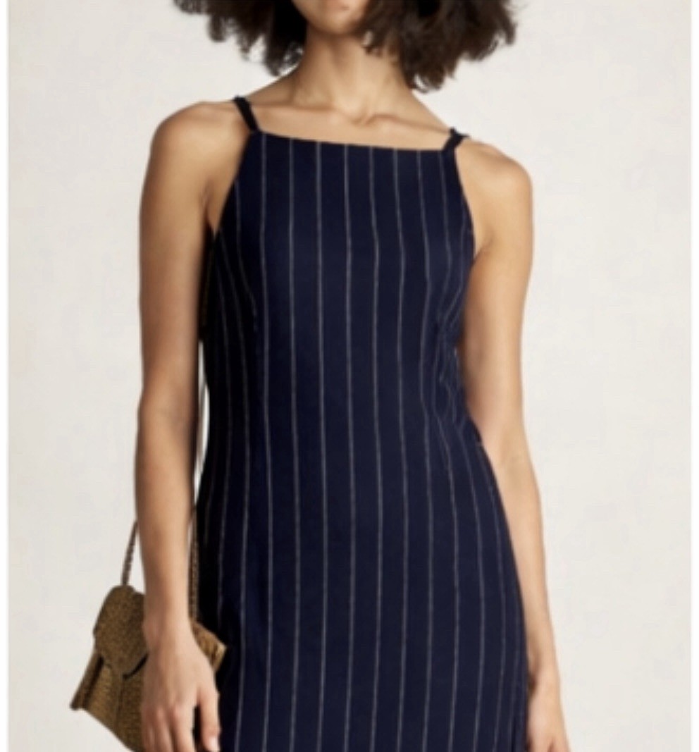 Navy Pinstripe Midi Dress Fully Lined Minimalist Pullover Designer Style M