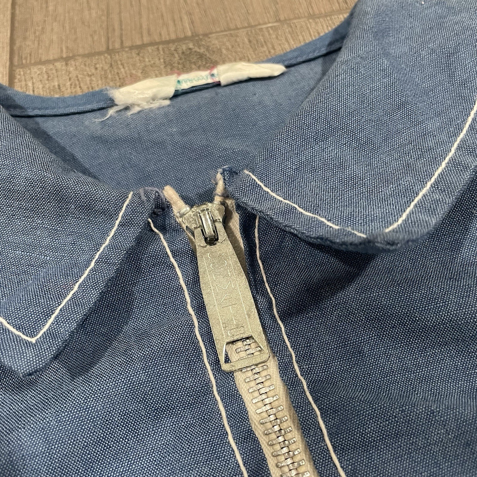 Vtg 50s Penneys Gay mode Chambray Full Zip Collared Dress Cottage Lounge S/MD