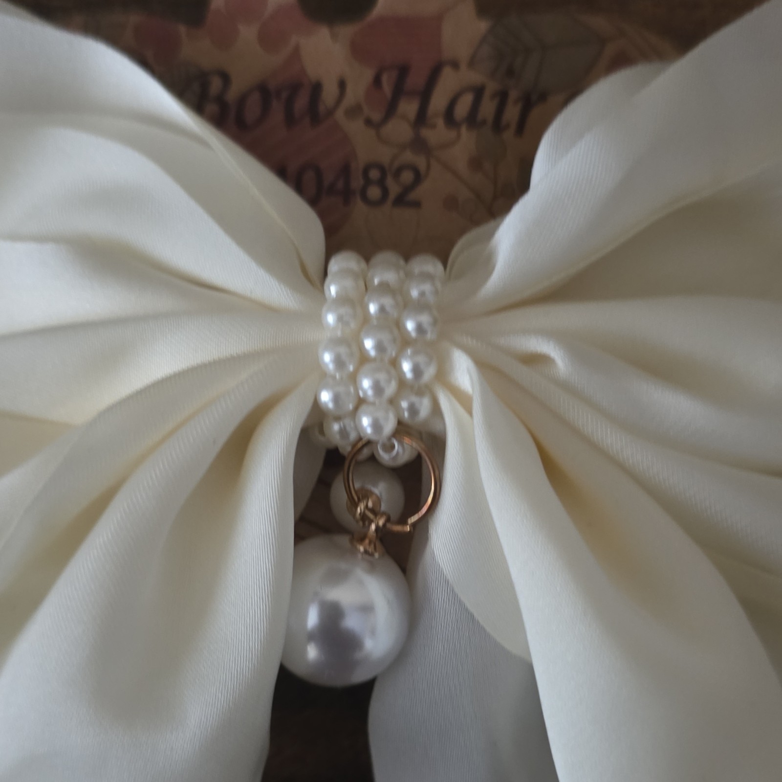 White Fabric Bow Clip-On Hair Accessory with Pearl Beaded Accents Classic