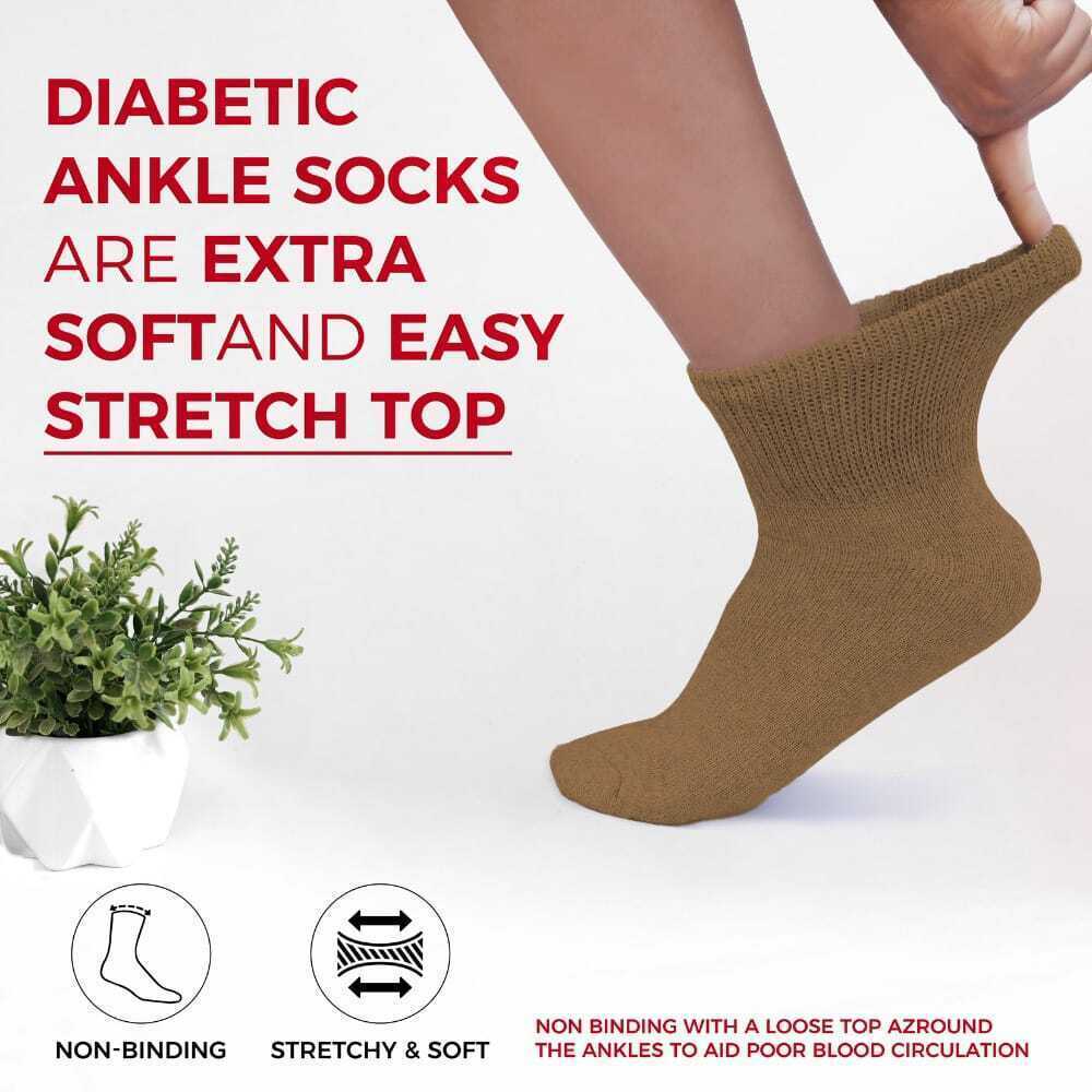 3-12 Pairs Men’s Circulatory Health Diabetic Ankle Quarter Socks Khaki Size 9-15