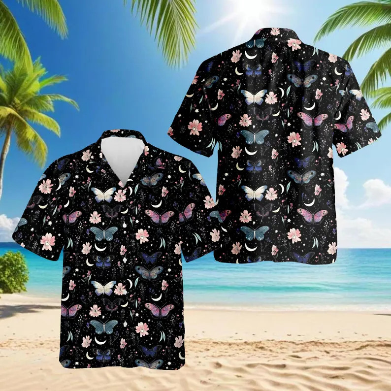 Moon Flower Hawaiian Shirt Floral Tropical Night Sky Beach Summer