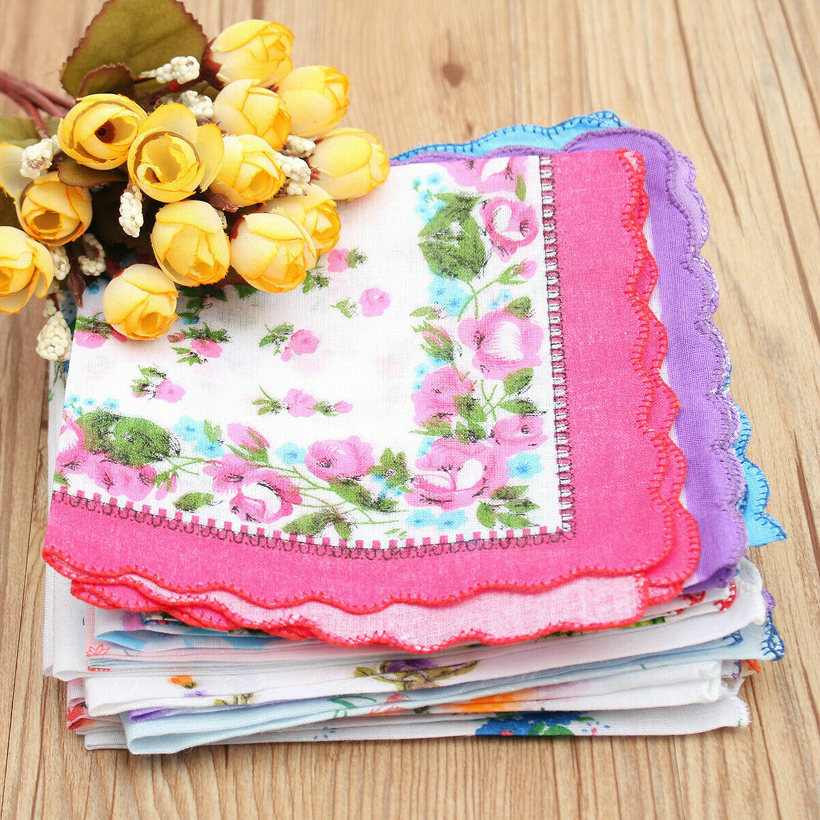 20PCS Women Vintage Floral Flowers Handkerchief 100% Cotton Square Hanky Ladies
