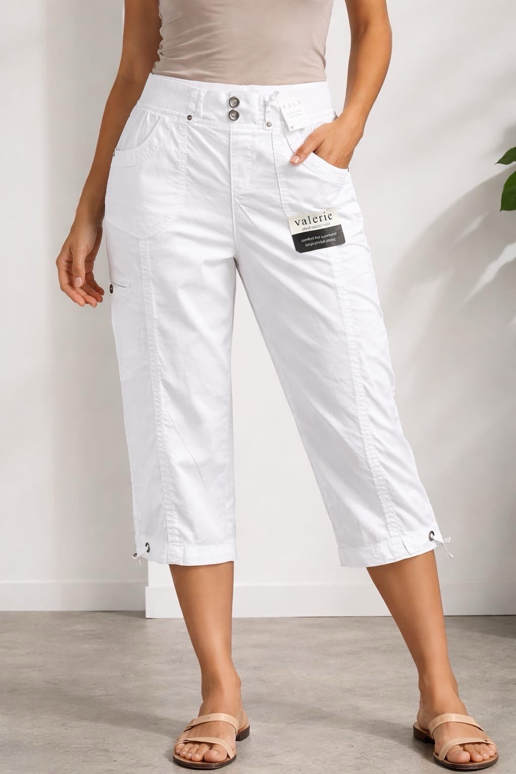 Dash solid cotton pull on front and back pockets elastic waist belt loops Capri