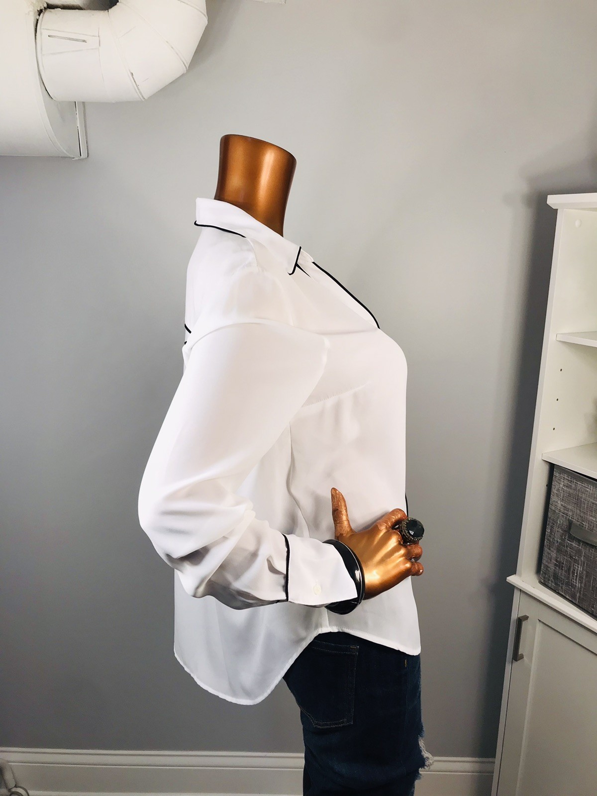 Worthington L Top NWT $37 Sheer Black White Button Up Shirt Blouse Lite Low Cut