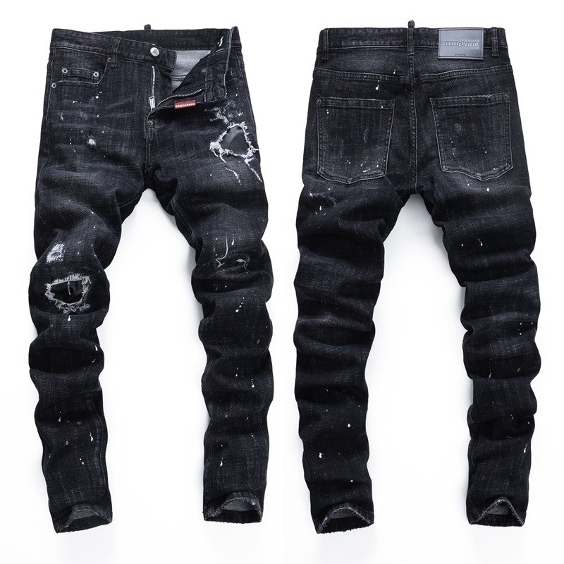 Men’s Punk Ripped PU Patch Slim fit Jeans Retro Classic High Quality Black Pants