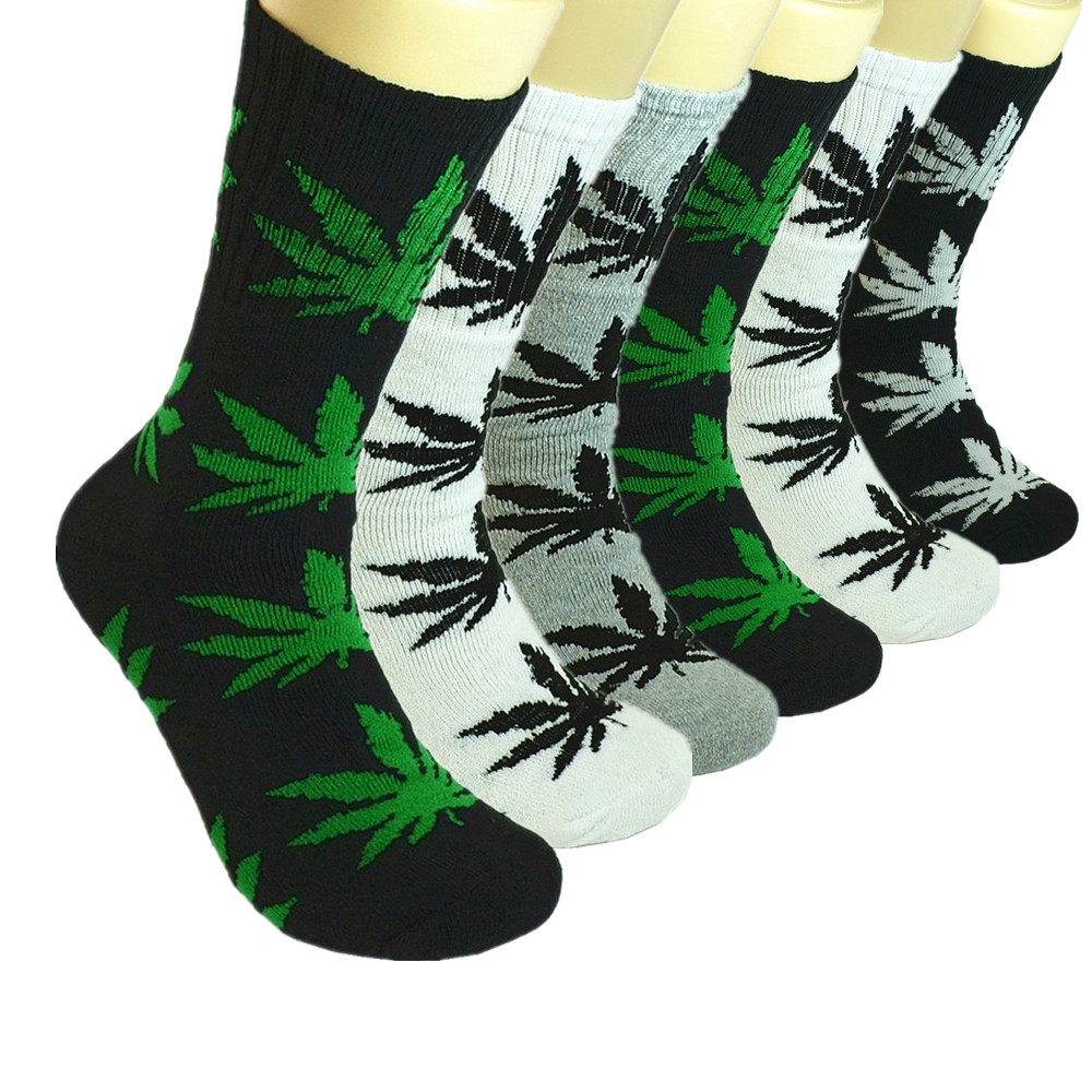 3 Pairs Men Sports Leaf Weed Marijuana Crew Cotton Long Socks Size 9-11 10-13