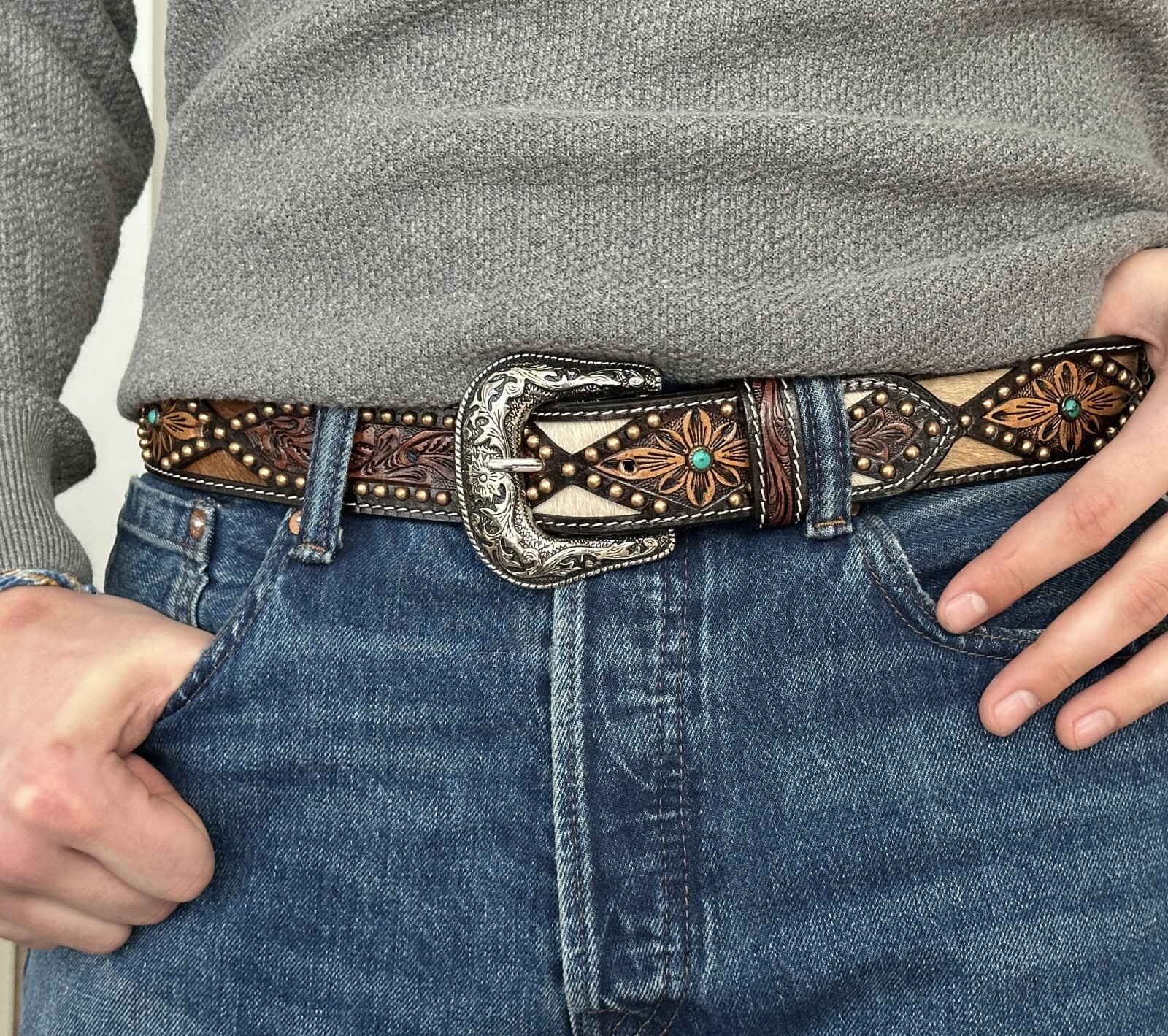 Western Cowboy Silver Flower Engraved Belt Pin Buckle Fits 1-1/2″ Strap