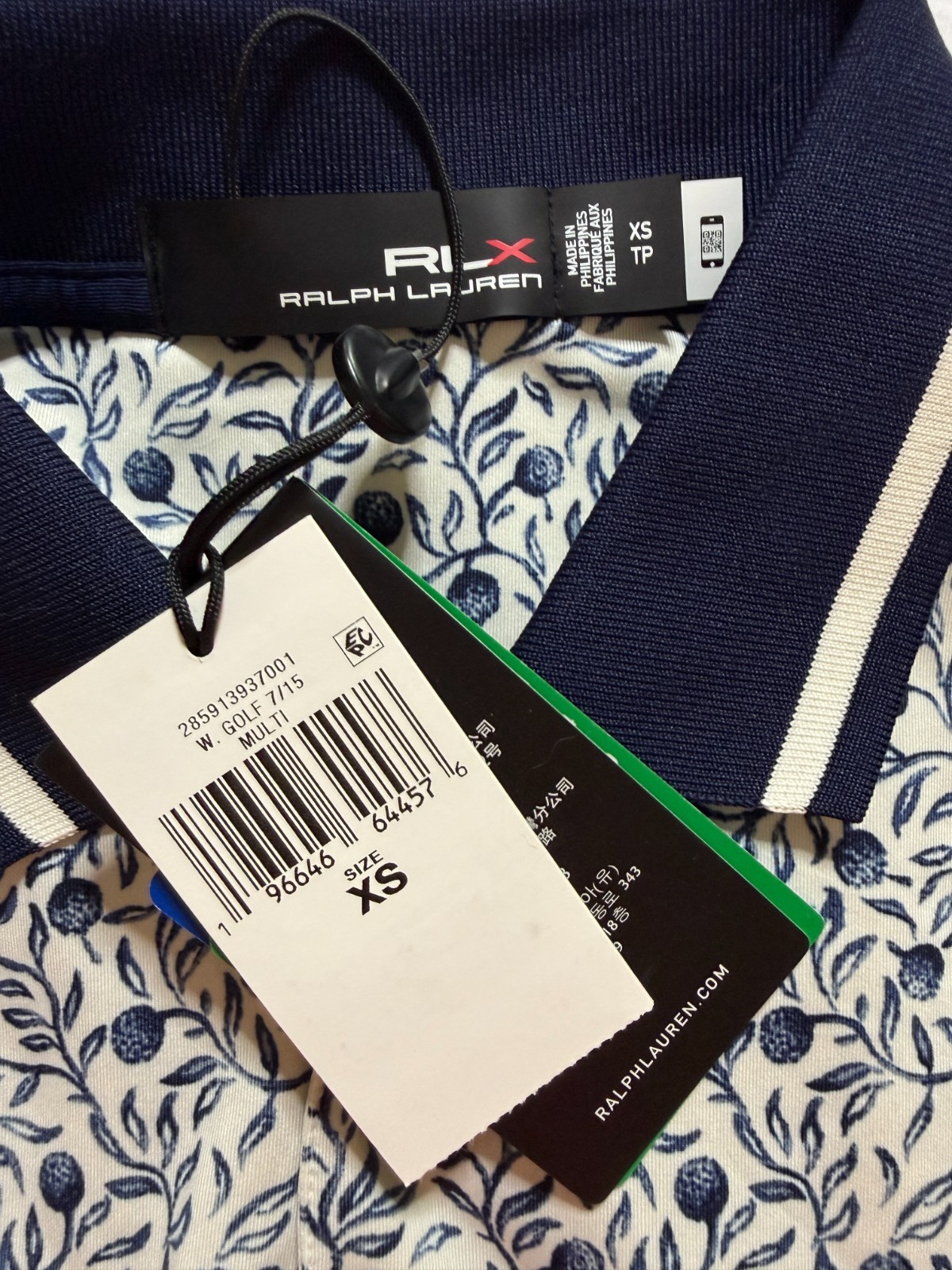 NWT WOMEN’S RLX RALPH LAUREN GOLF SHIRT – SIZE: X-SMALL -WHITE/NAVY PRINT (A4.8)
