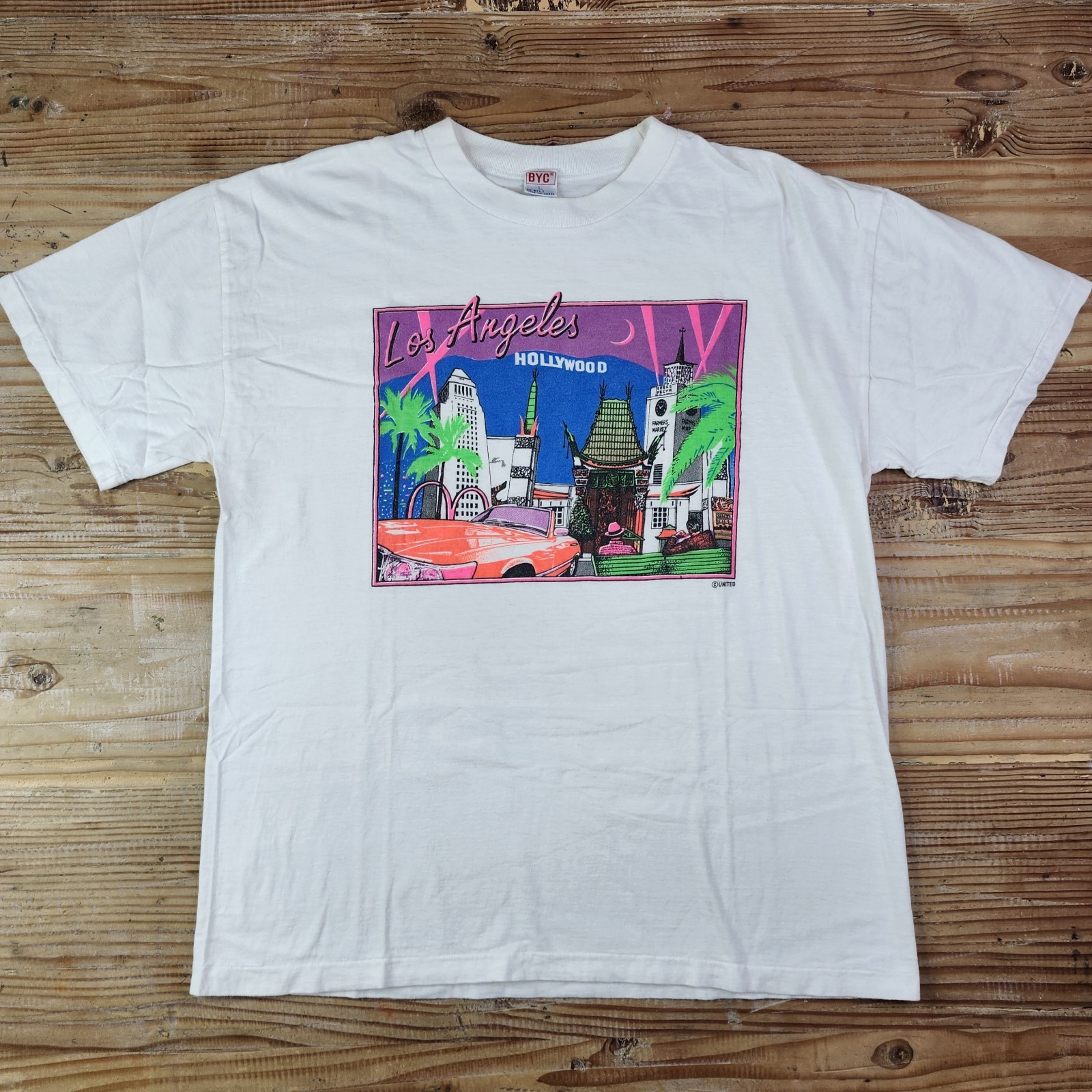 Vintage Retro Los Angeles Hollywood T-shirt White Adult Large Single Stitch BYC
