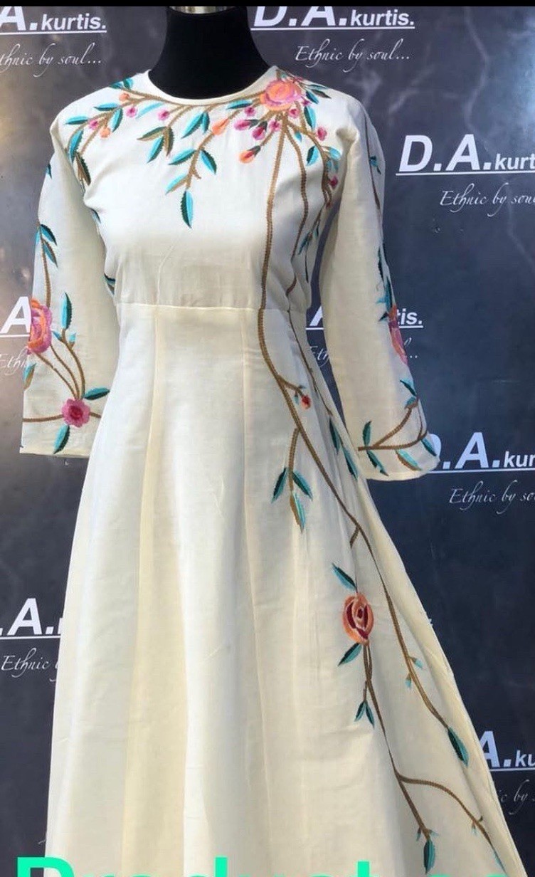 Floral Embroidered Kurti dress one size l/xl cotton handmade fully lined gown