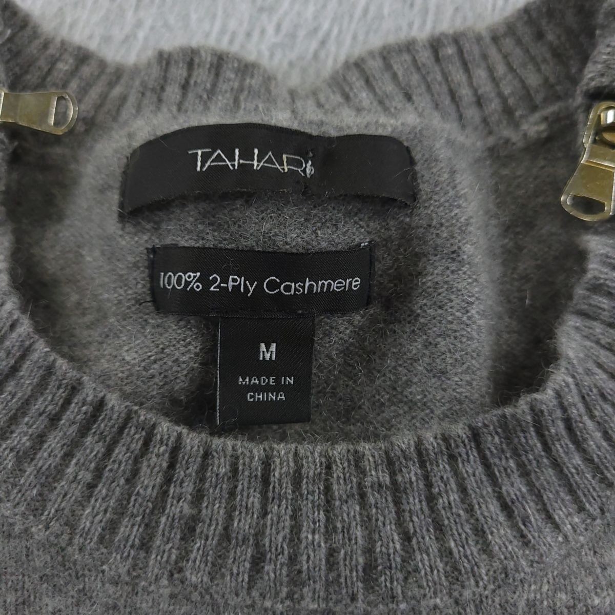 Tahari Sweater Womens M Gray 100 2 Ply Cashmere Zip Shoulder Ribbed Hem FLAW