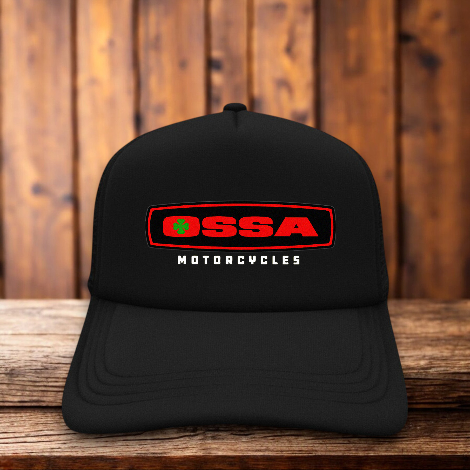 Ossa Motorcycles Shamrock Mens Trucker Hat Black Vintage Logo Racing Cap