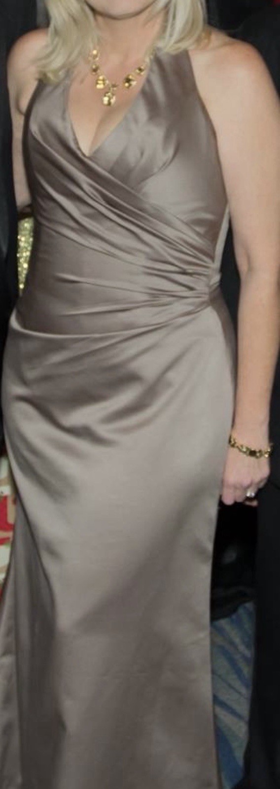 Da Vinci Taupe Satin V-Neck Draped Sleeveless Bridesmaid Dress Size 14