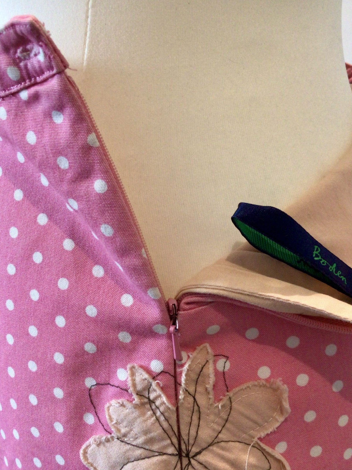 Vintage Boden Pink Polka Dot Floral Embroidered Lined 100% Cotton Skirt (14R)