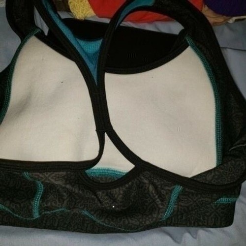 Women’s Avia sz M Black Pattern with Blue Stitching Racerback Sports Bra Padded