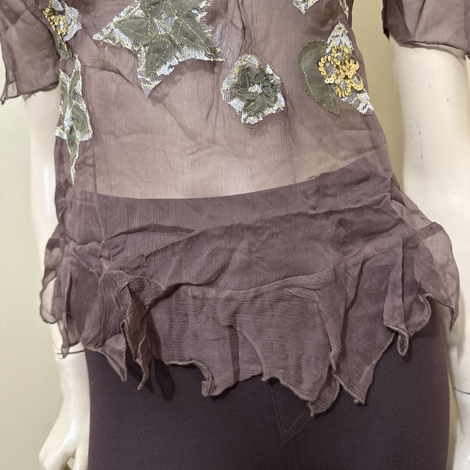Women’s Brown Silk Casual Summer Sheer Beaded Embroidered Lace Size S Blouse Top