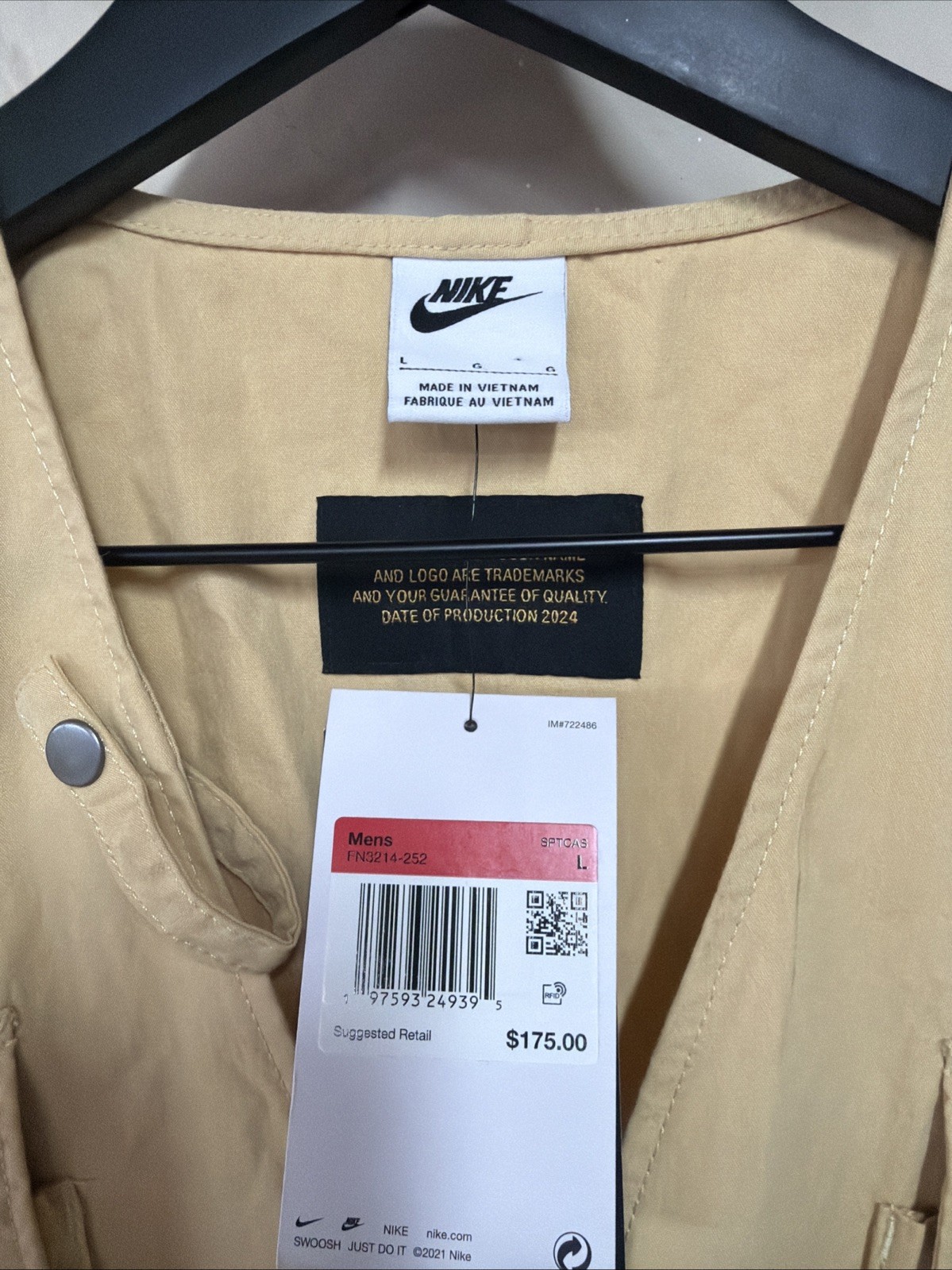Nike Life Utility Vest Men’s Large Beige New Full Zip Cargo Pockets FN3214-252