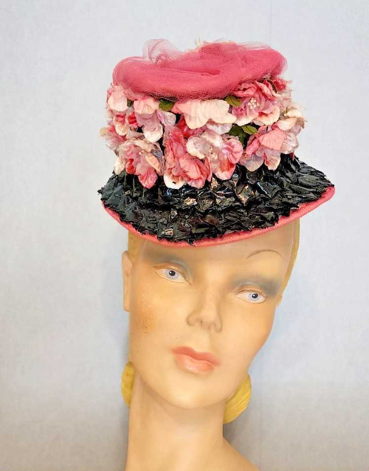 Vintage 1940s Pink Black Floral Toy Tilt Hat Topper Tulle Straw