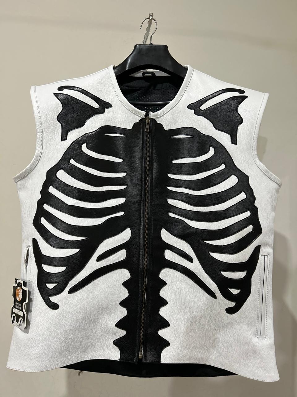Men’s White Genuine Leather Skeleton Bones Biker Vest Motorcycle Waistcoat