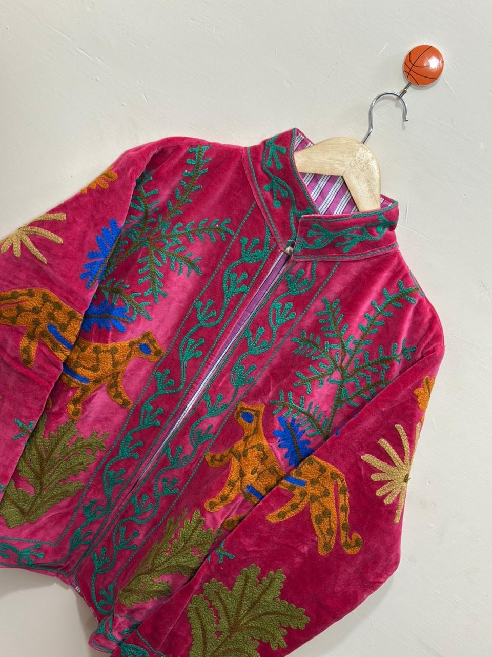 Pink Velvet Suzani Jacket Leopard Animal Embroidered Ethnic Women Boho Coat US