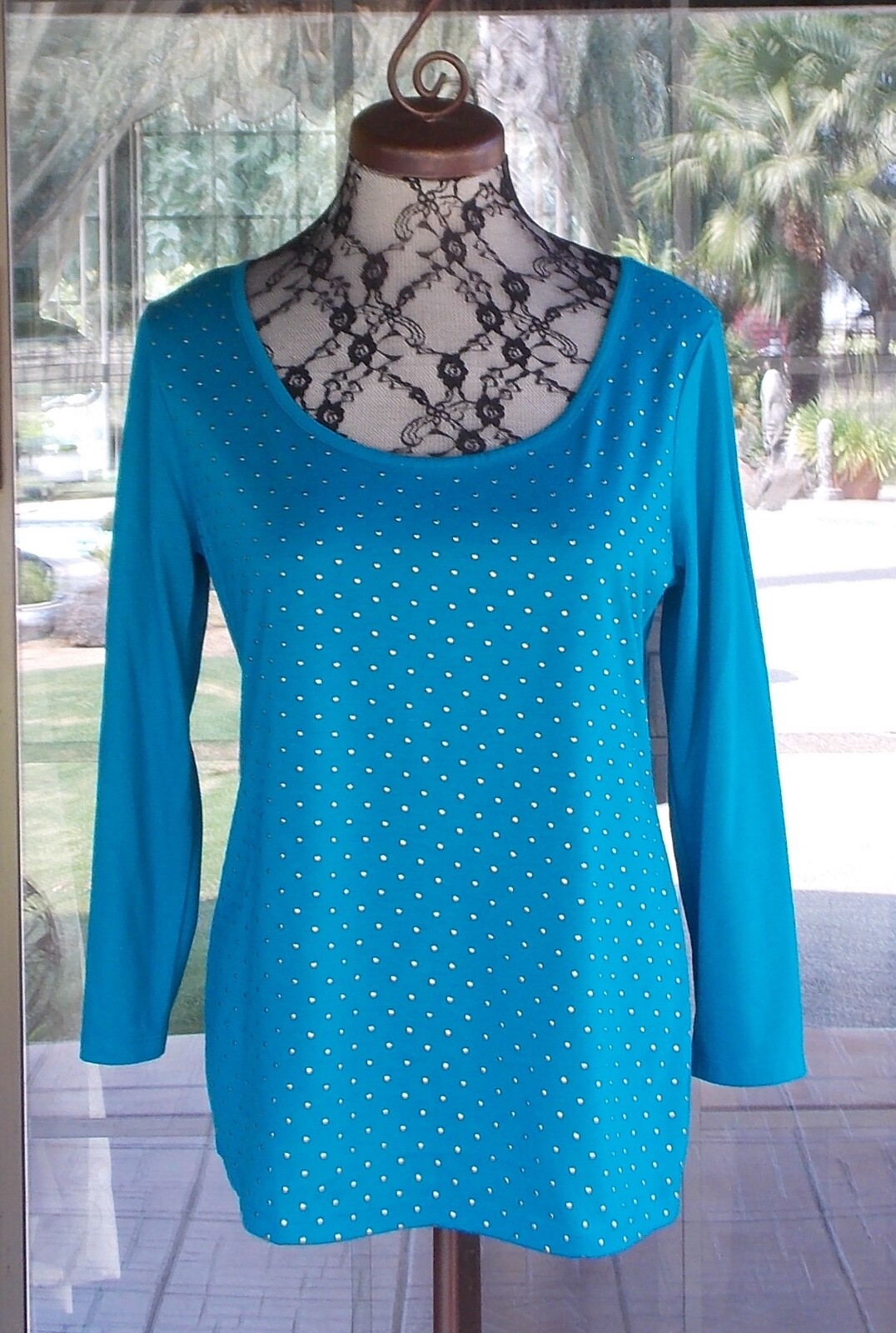 3/4 Sleeve Teal Front Embellished Sophia Vergara Knit Shirt Sz. L 40″ Bust