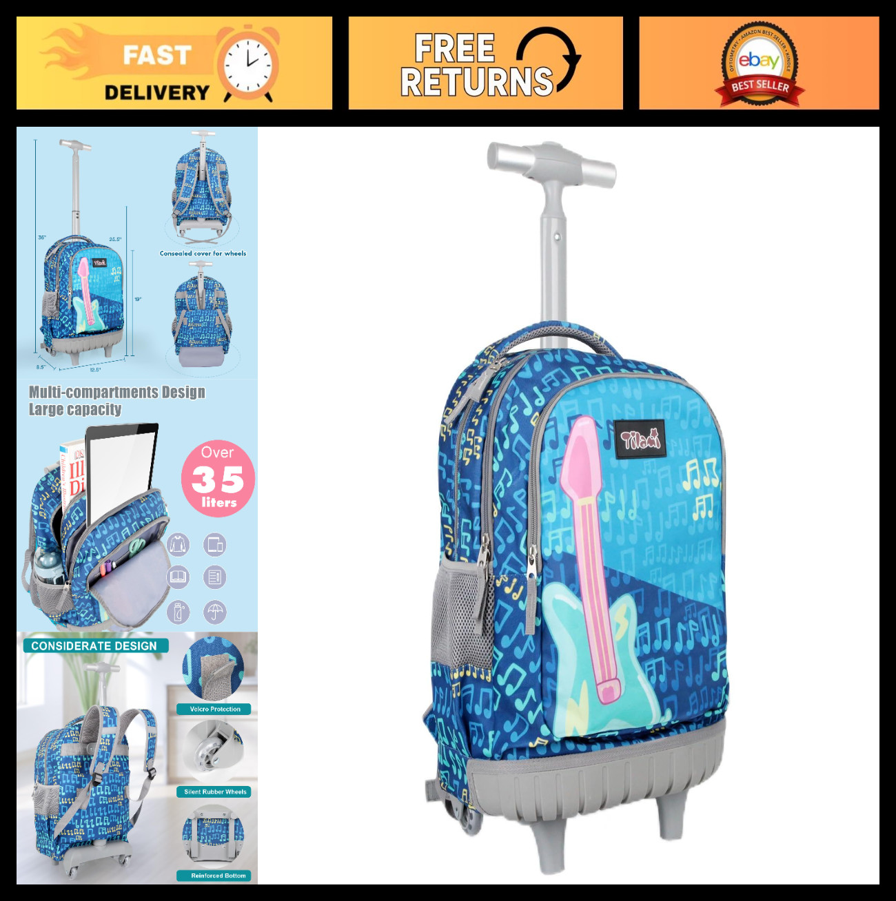 18-Inch Rolling Backpack for Kids – Wheeled Bookbag for School & Travel, Unisex