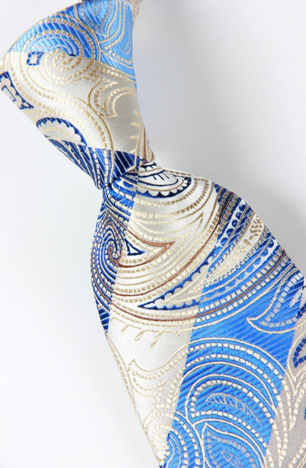 Classic Paisley Striped Blue Beige JACQUARD WOVEN 100% Silk Men’s Necktie Tie