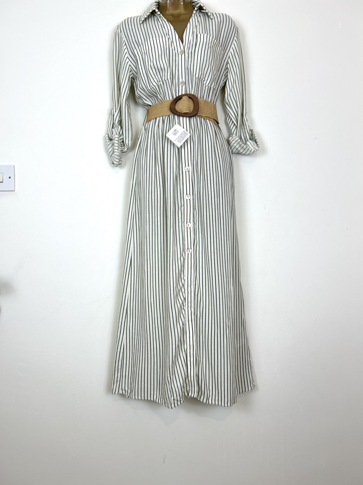 ZARA ECRU KHAKI STRIPED COLLARED LINEN BLEND BELTED SHIRT DRESS SIZE XS #T72