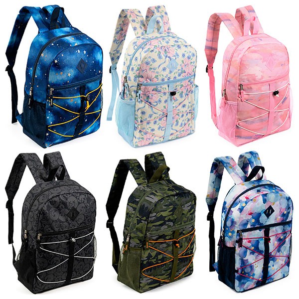 24-Pack 17″ Bungee Cord Backpacks for Kids – Bookbags in Bulk, 6 Prints