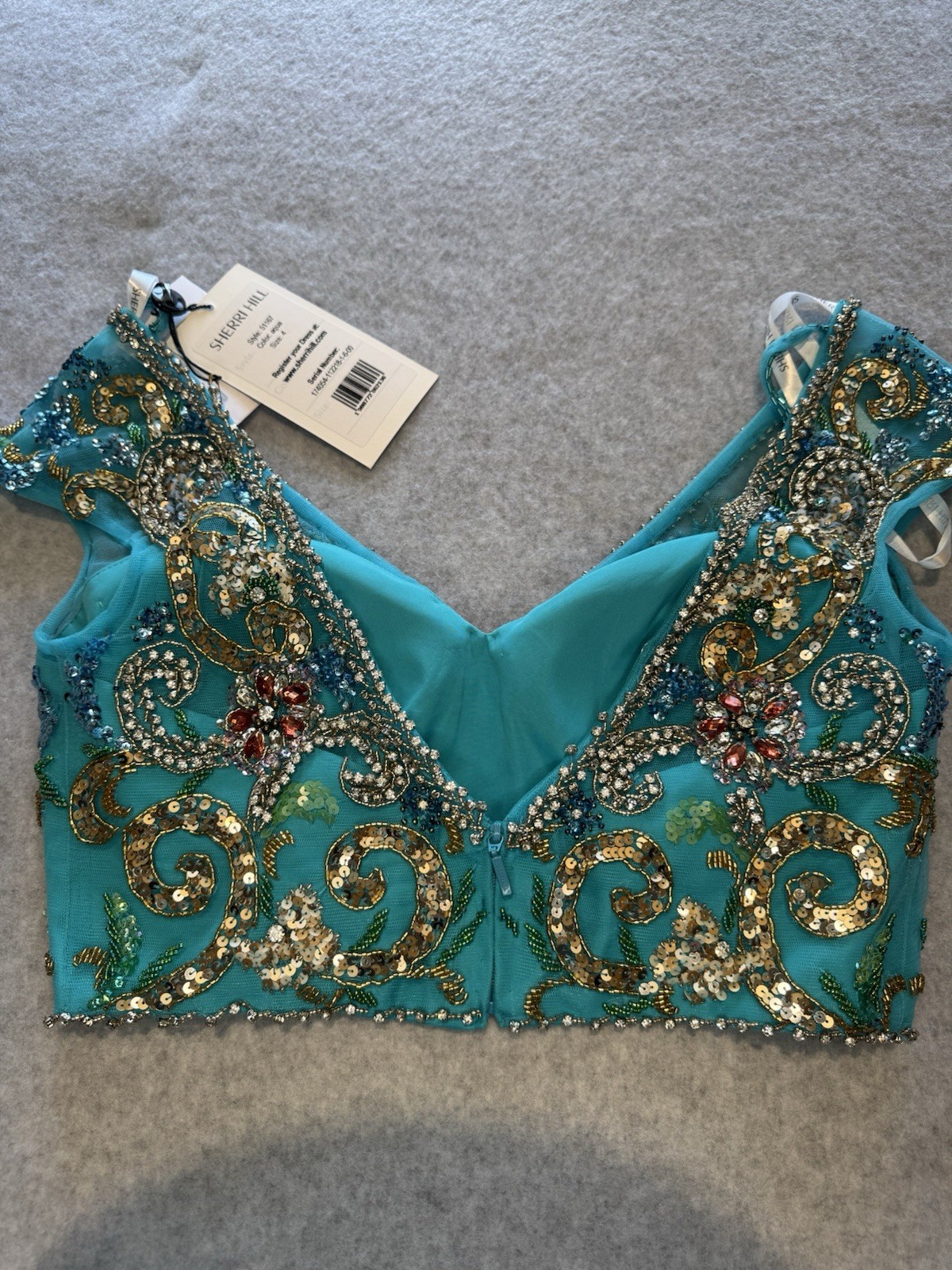 Sherri Hill Aqua Beaded Sequin Mermaid Gown V-Neck two-piece Long Formal 4