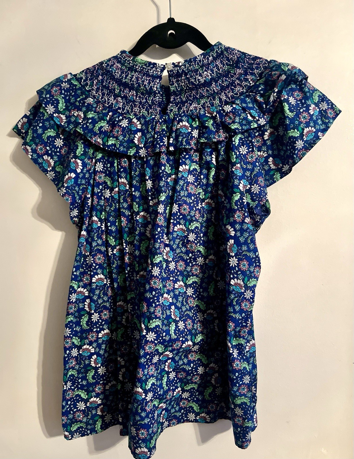 LOFT Floral Smocked Ruffle Sleeve Blouse Blue Multicolor Short Sleeve XL