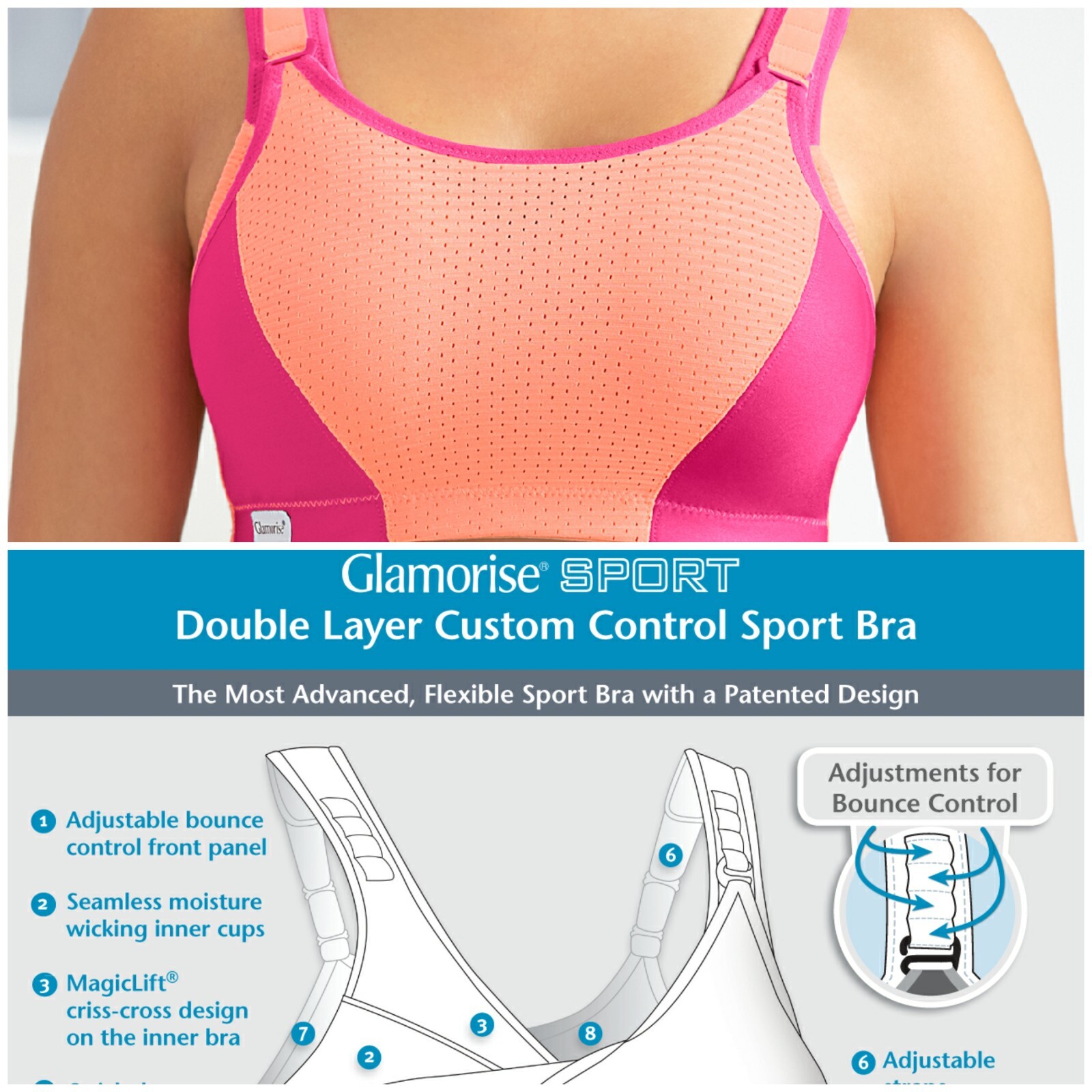 Glamorise SPORT Bra 2-Layers Wire-Free LOW-HIGH IMPACT SUPPORT Pink & Orange NEW