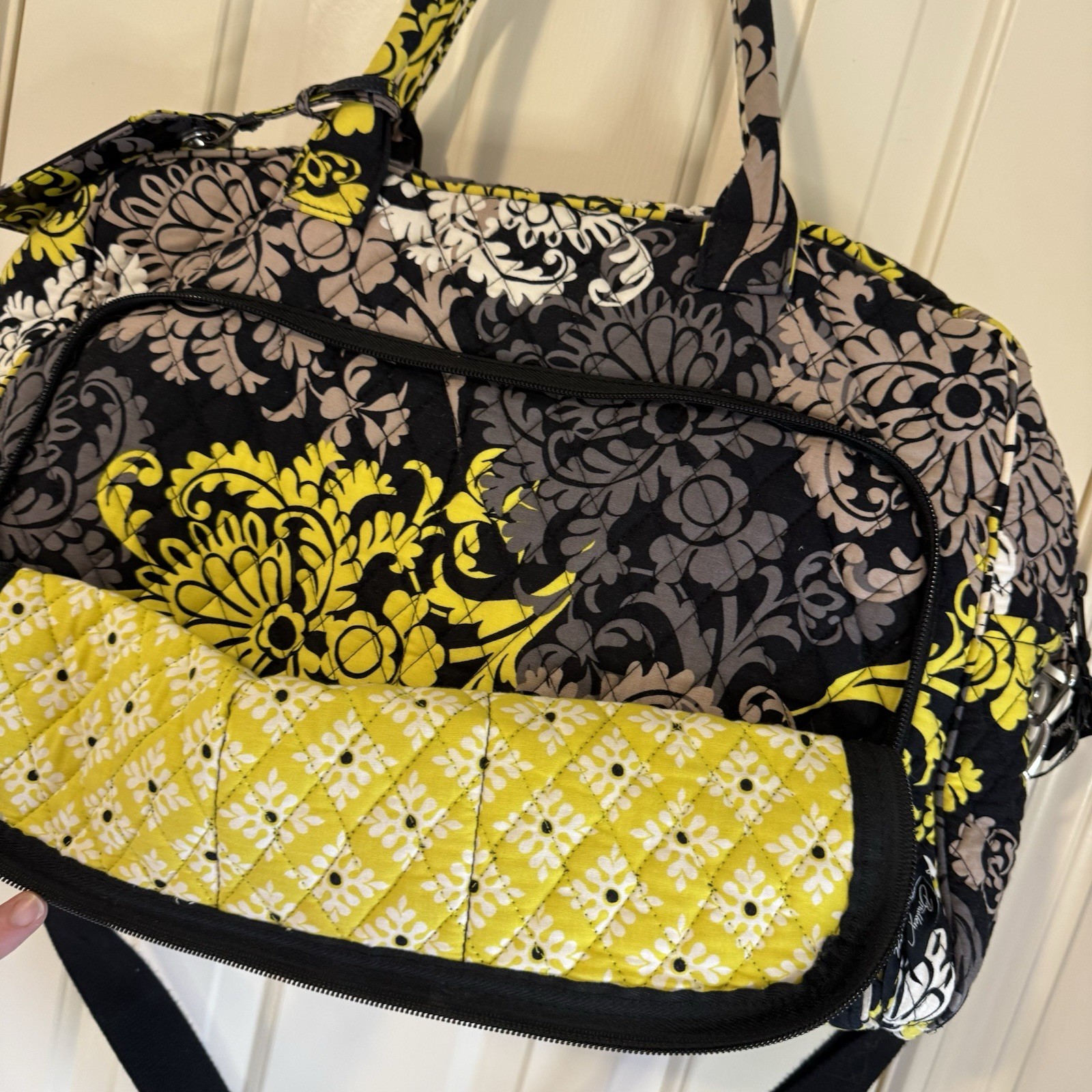 Vera Bradley Fanfare Traveler Weekender Bag Black White Yellow Boho Paisley